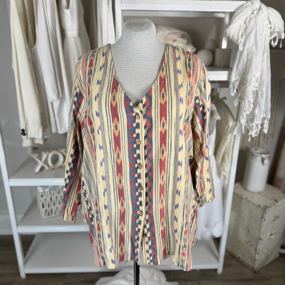Roaman's Women's Size 28W Tribal Vertical Print Button Up 3/4 Sleeve Blouse # - Picture 1 of 7
